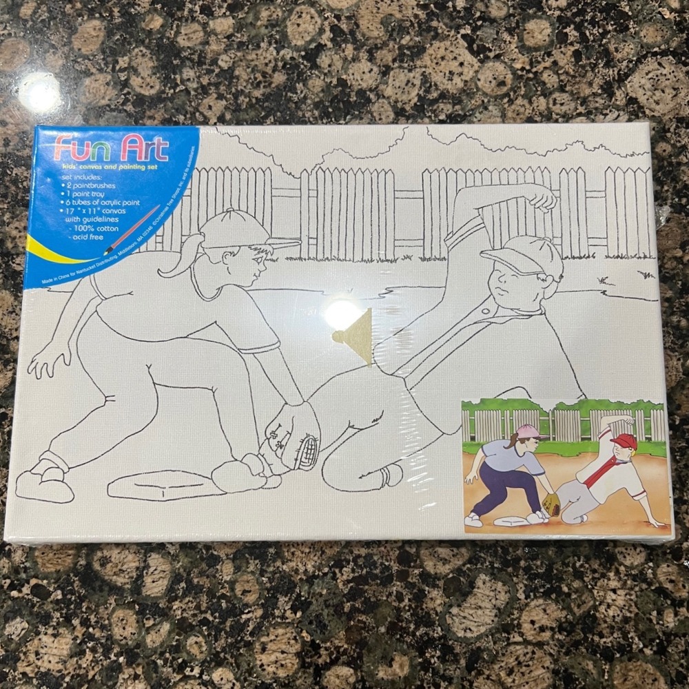 Fun Art Kids Canvas Painting Set Baseball Scene Acrylic Paint Brushes 1235